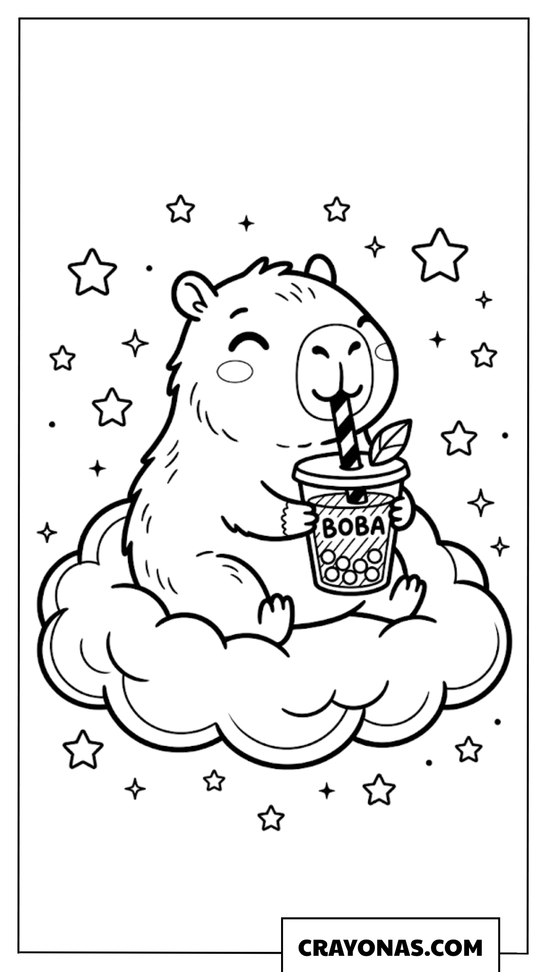 Cute Capybara Drinking Boba on a Cloud Coloring Page