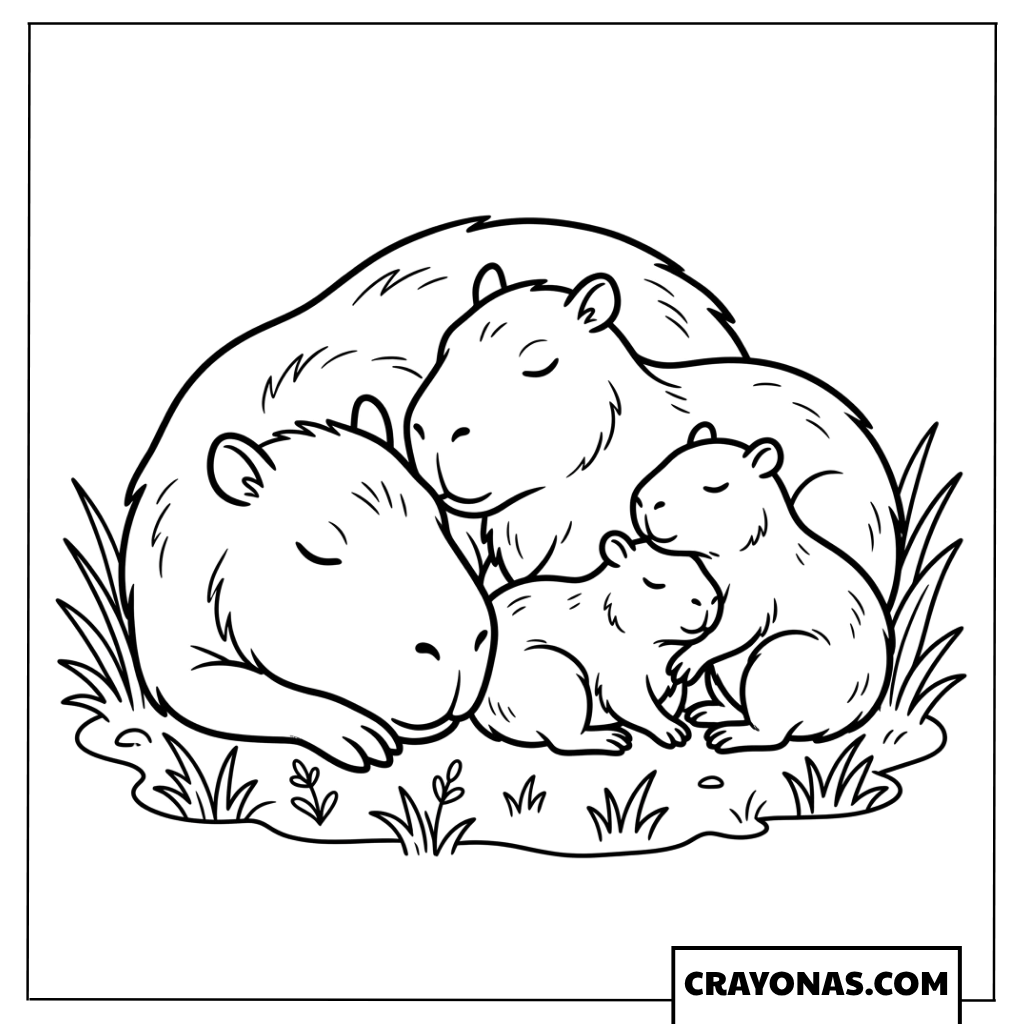Cute Capybara Family Cuddling Together Coloring Page