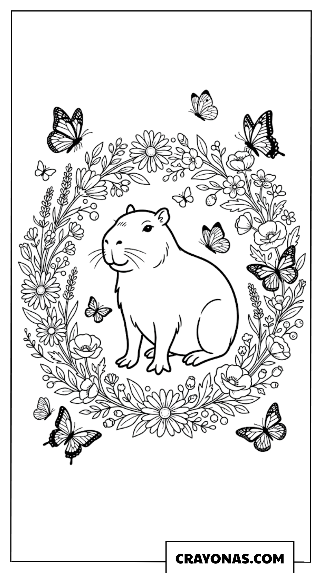 Cute Capybara Inside Floral Butterfly Wreath Coloring Page