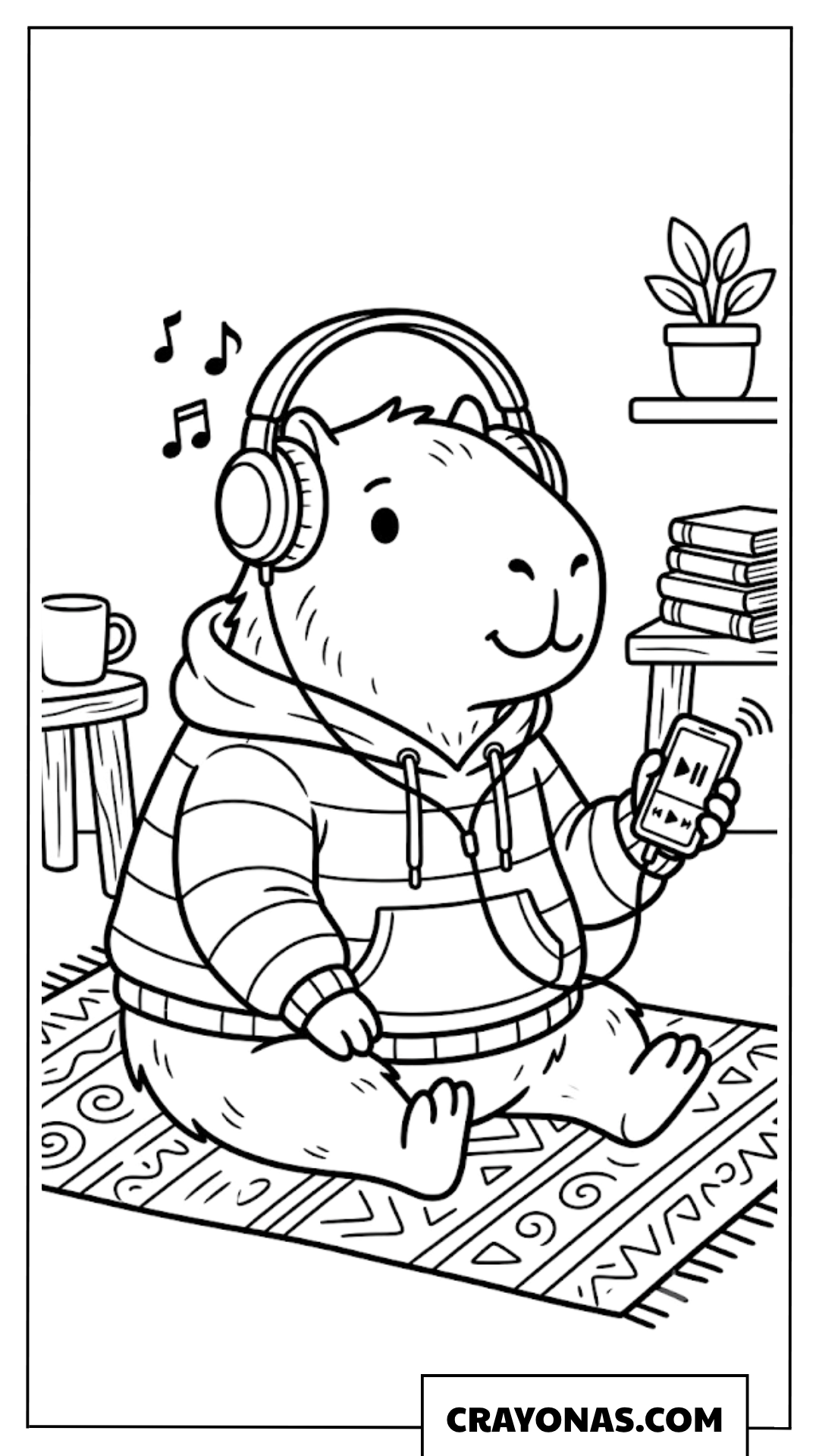Cute Capybara Listening to Music with Headphones Coloring Page
