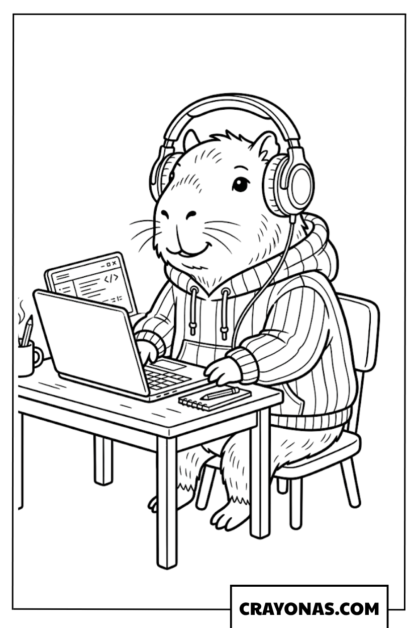 Cute Capybara Programmer Working on Laptop Coloring Page