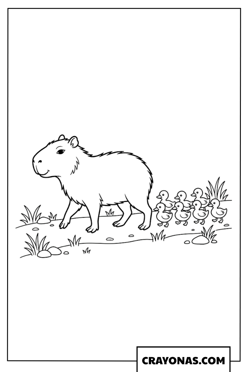 Cute Capybara Walking with Baby Ducklings Coloring Page