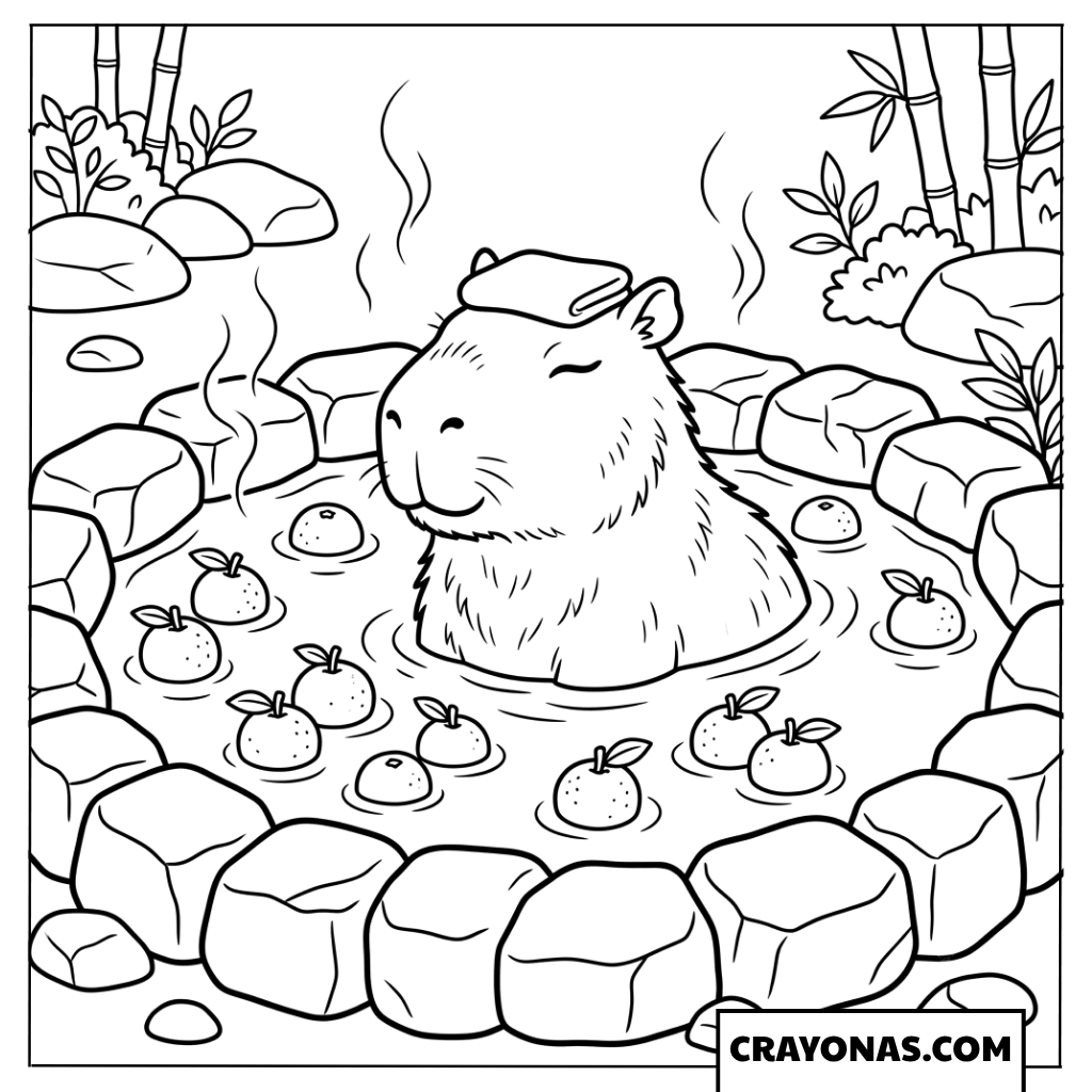 Cute Capybara with Towel in Japanese Onsen Coloring Page