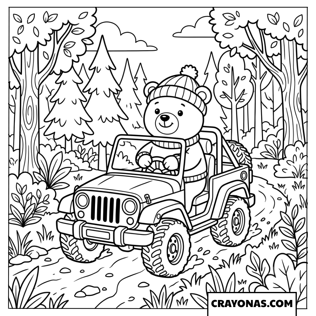Cute Cartoon Bear Driving Off-Road Jeep in Forest Coloring Page