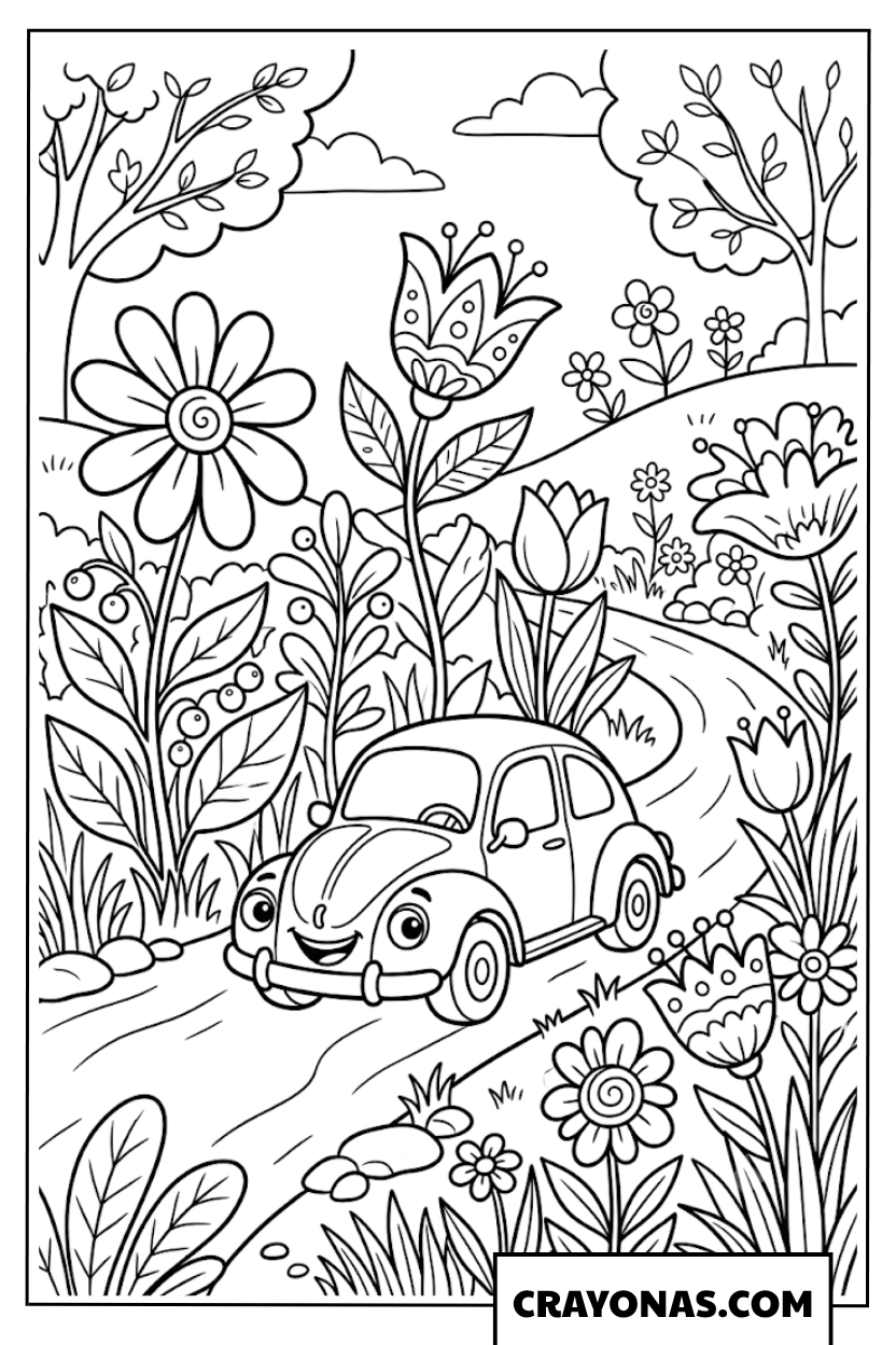 Cute Cartoon Beetle Car in Magic Flower Garden Coloring Page