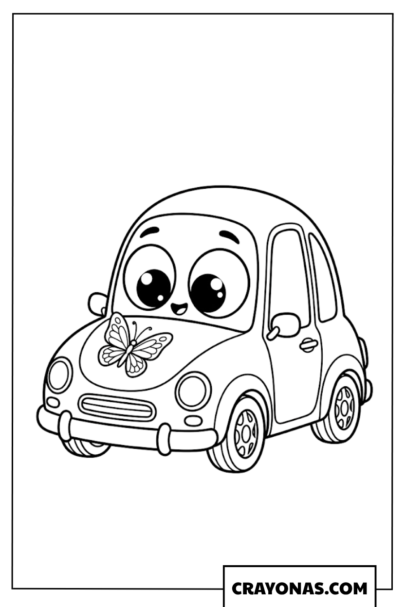 Cute Cartoon Beetle Car with Butterfly Coloring Page