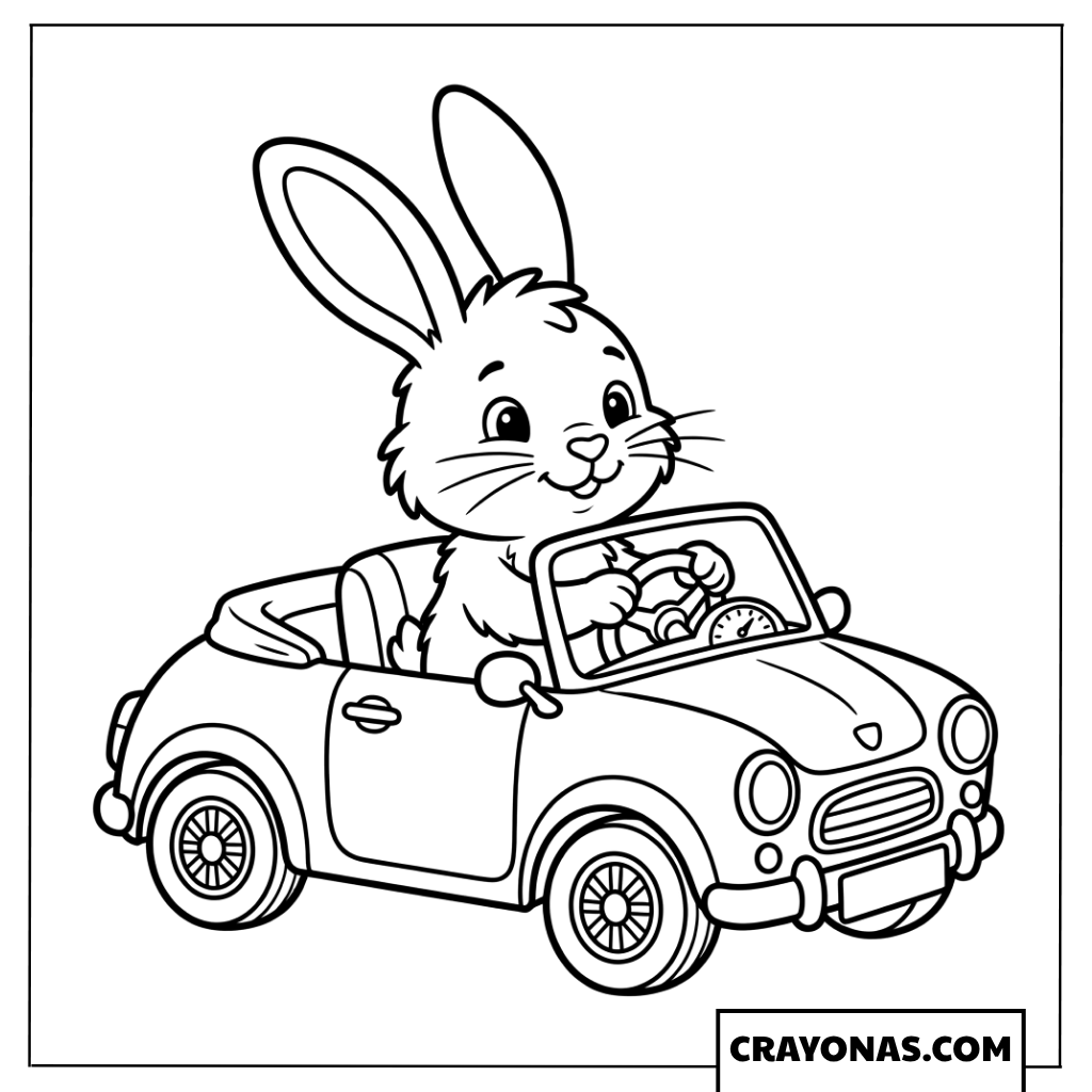 Cute Cartoon Bunny Driving Convertible Car Coloring Page