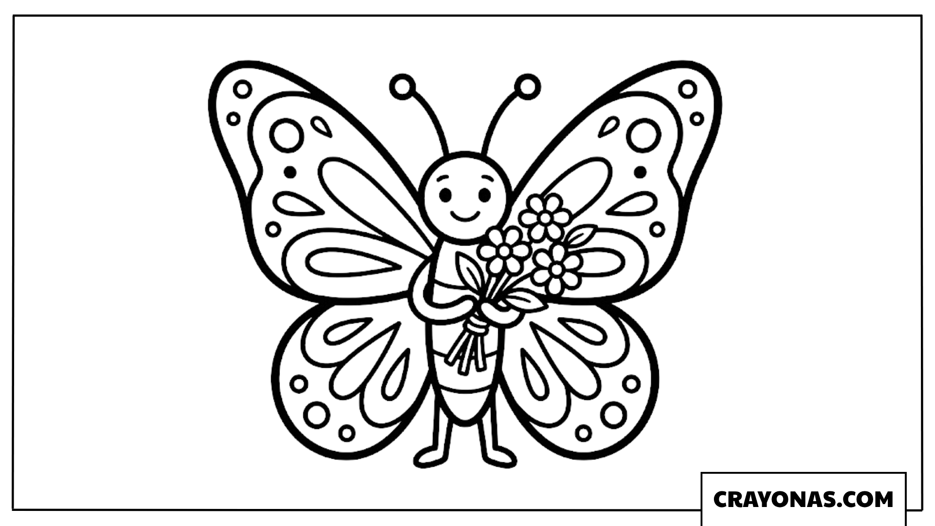 Cute Cartoon Butterfly Holding Flower Bouquet Coloring Page