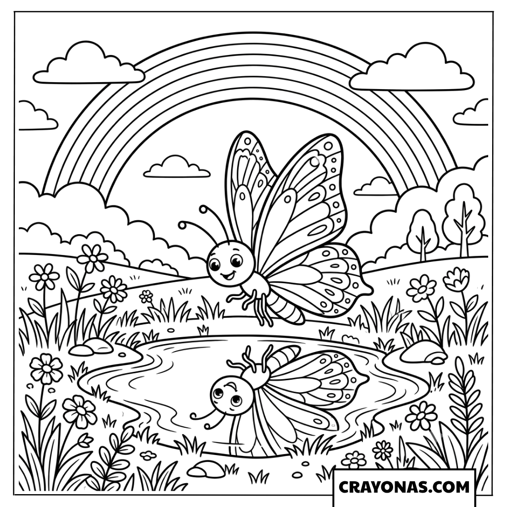 Cute Cartoon Butterfly Looking at Reflection in Stream Coloring Page