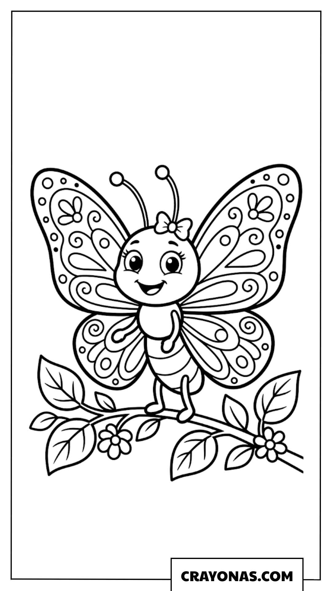 Cute Cartoon Butterfly Perched on a Tree Branch Coloring Page