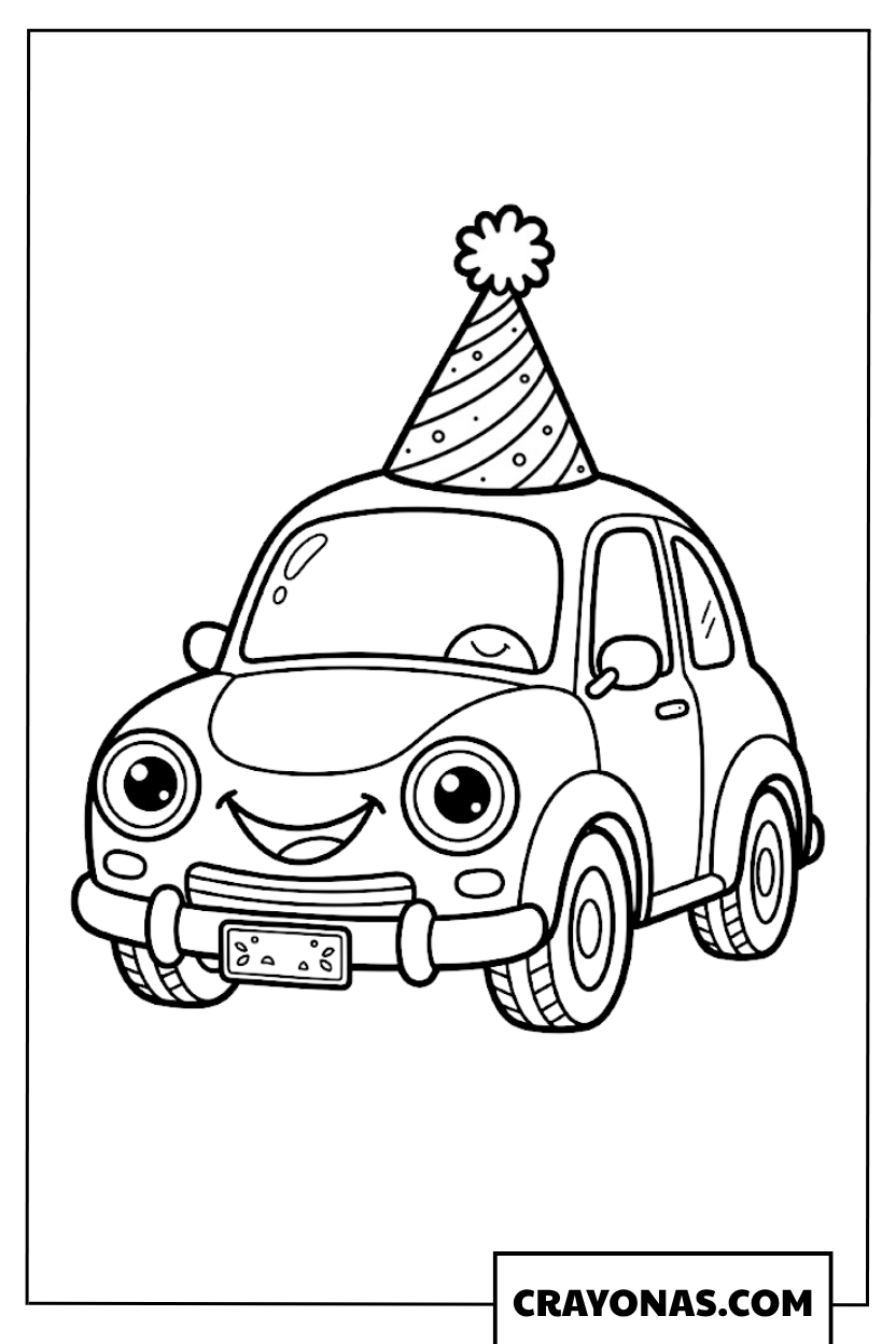 Cute Cartoon Car Wearing Party Hat Coloring Page