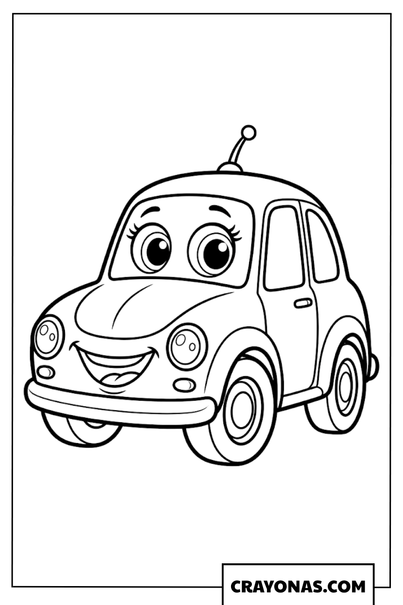 Cute Cartoon Car with Big Smiling Eyes Coloring Page
