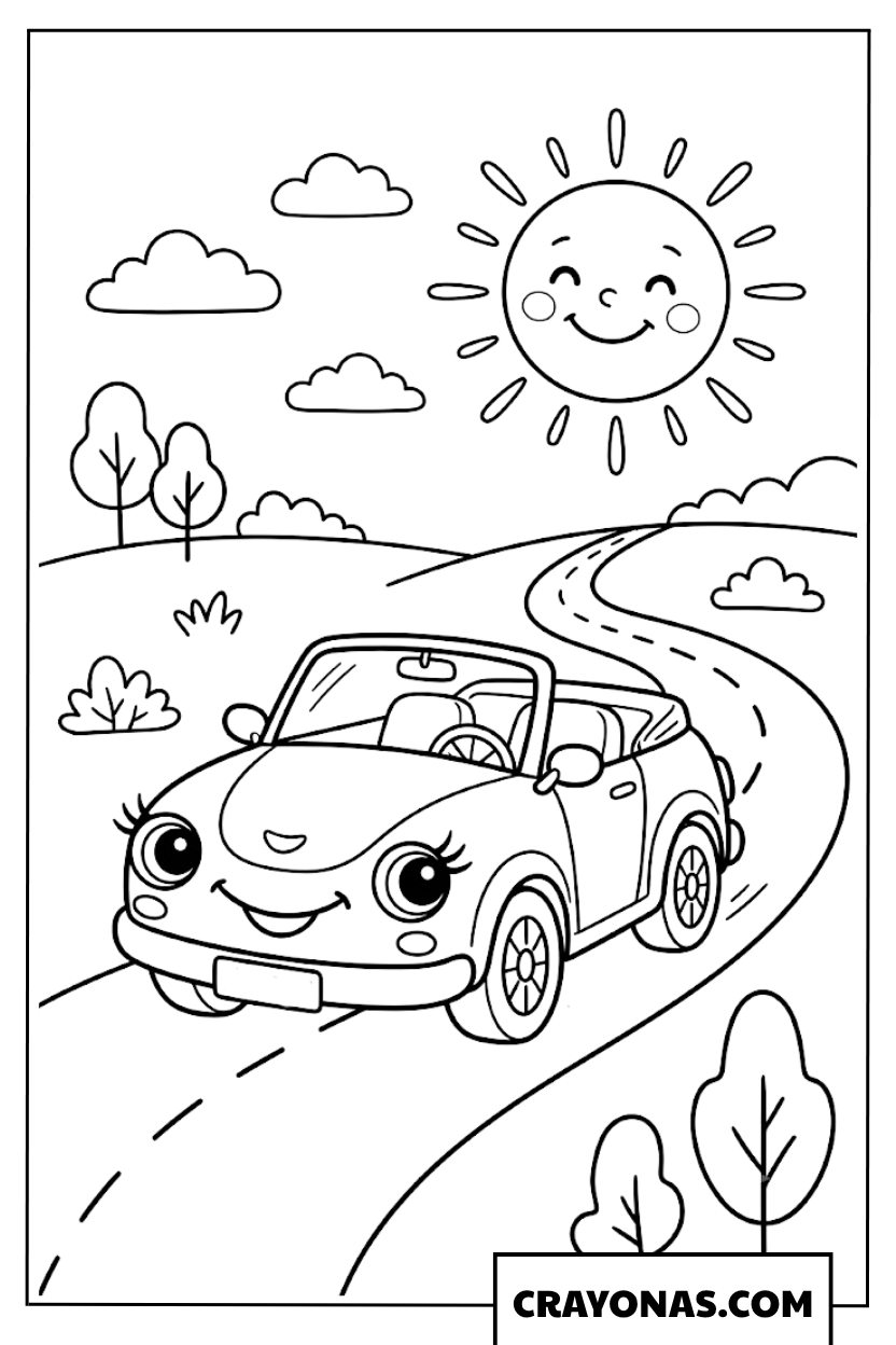 Cute Cartoon Convertible Car Driving Under Sunny Sky Coloring Page