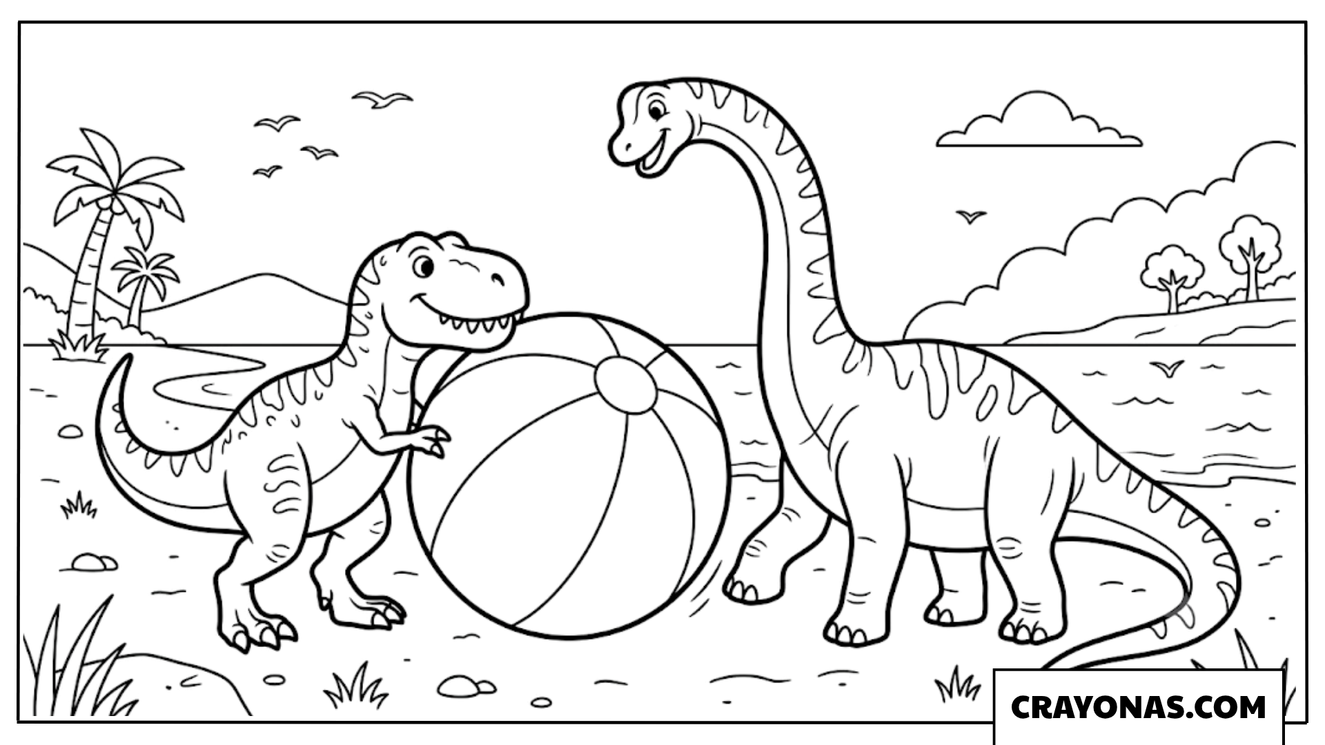 Cute Cartoon Dinosaurs Playing with a Giant Beach Ball Coloring Page