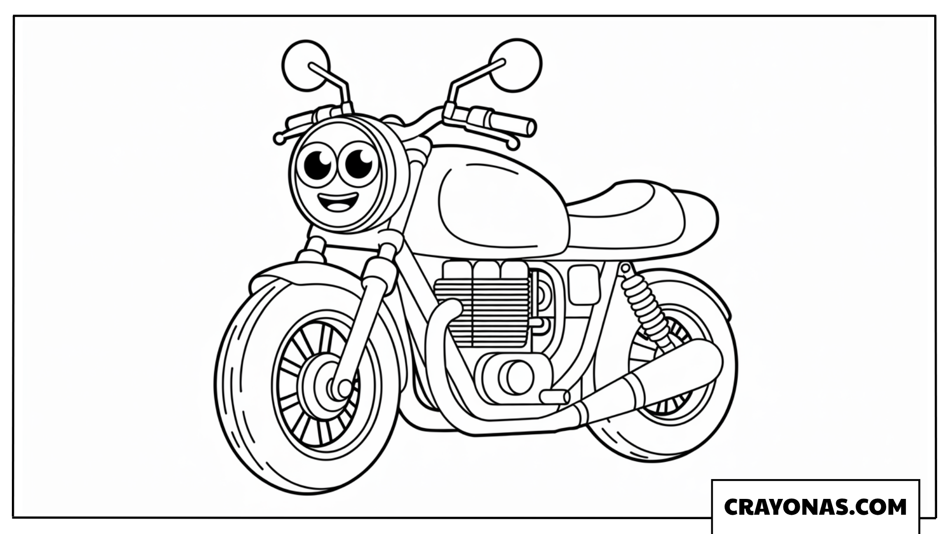 Cute Cartoon Motorcycle with Big Smiling Eyes Coloring Page