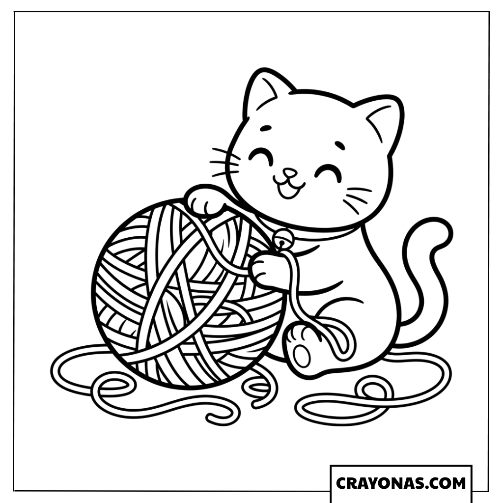 Cute Cat Playing with Yarn Coloring Page