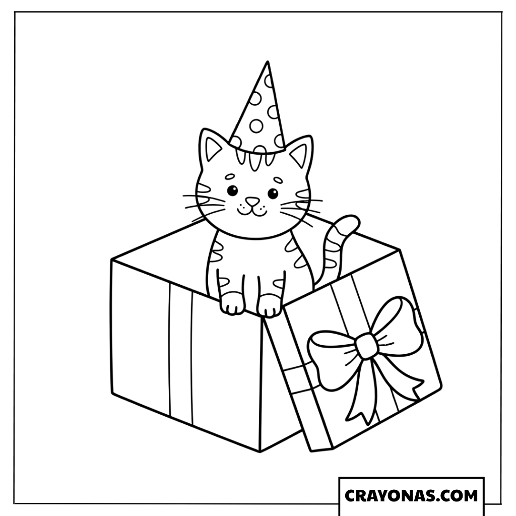 Cute Cat in Birthday Gift Box Coloring Page