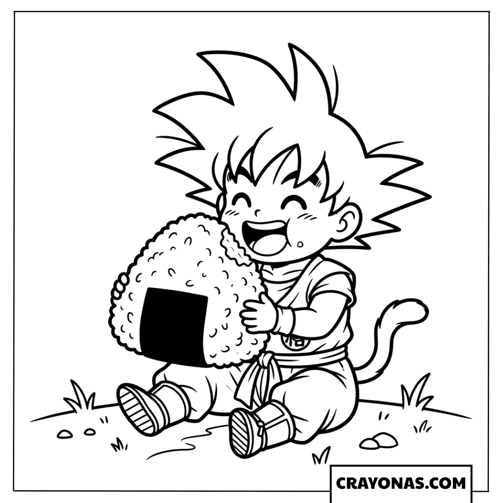 Cute Chibi Kid Goku Eating Giant Rice Ball Coloring Page