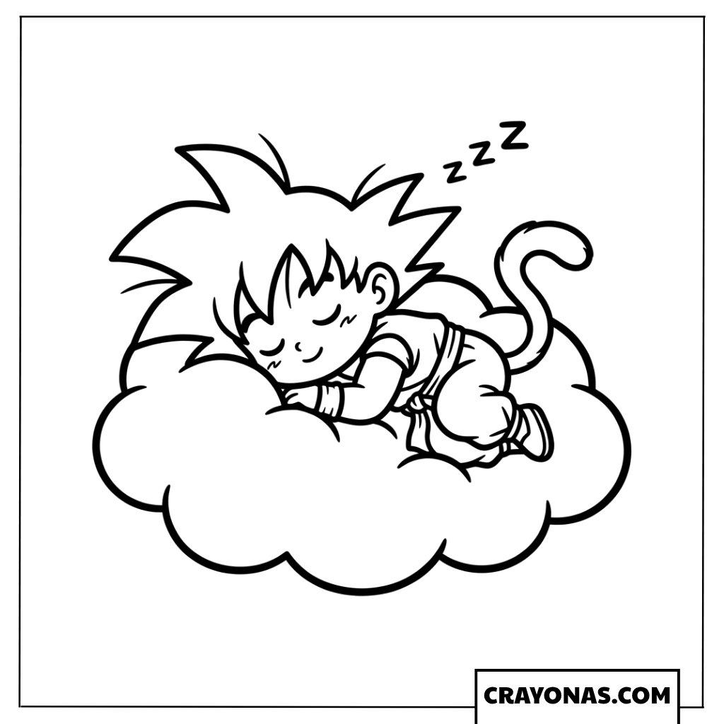 Cute Chibi Kid Goku Sleeping Cozily on Cloud Coloring Page