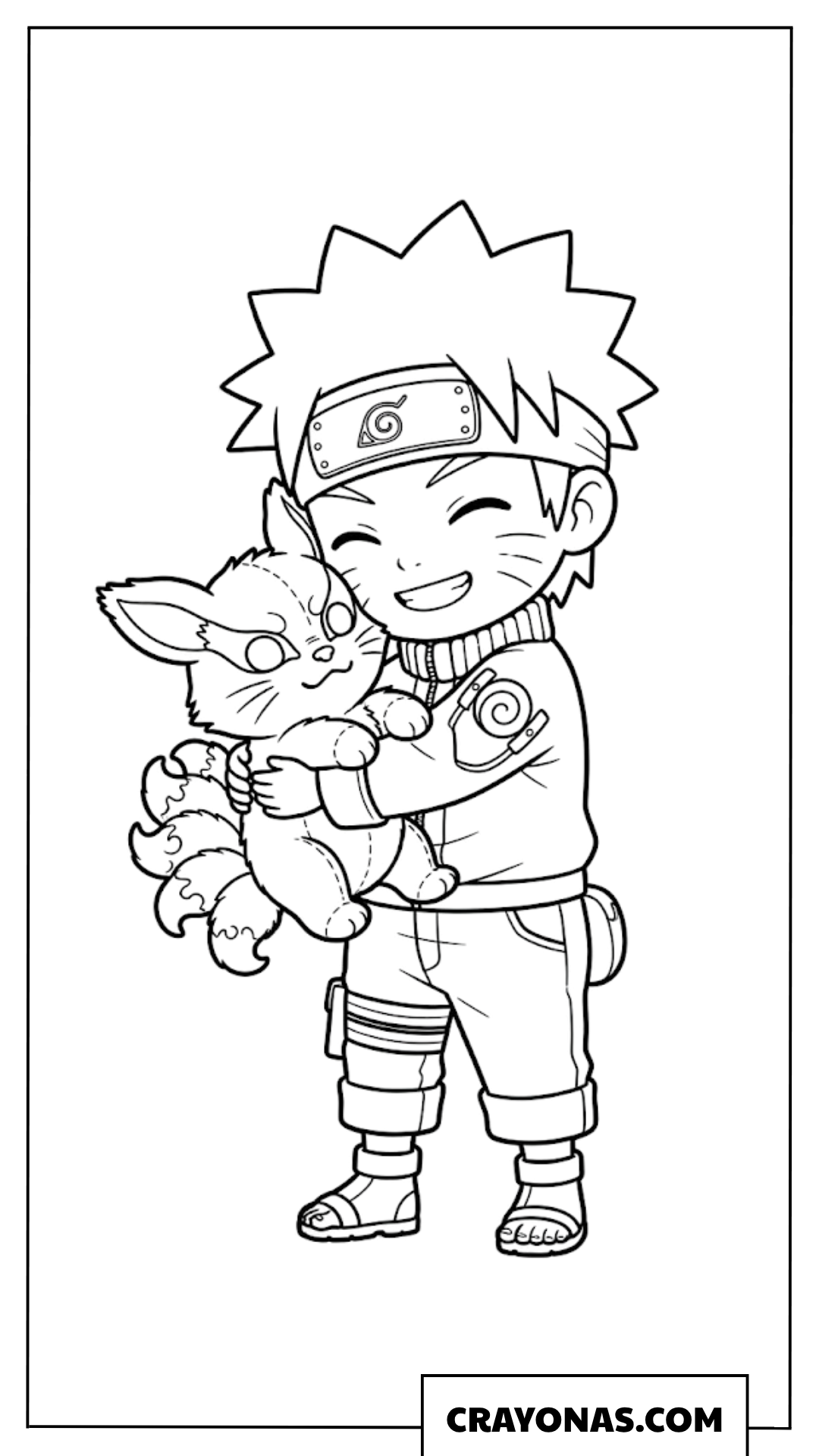 Cute Chibi Naruto Uzumaki Hugging a Baby Nine Tailed Fox Kurama Coloring Page
