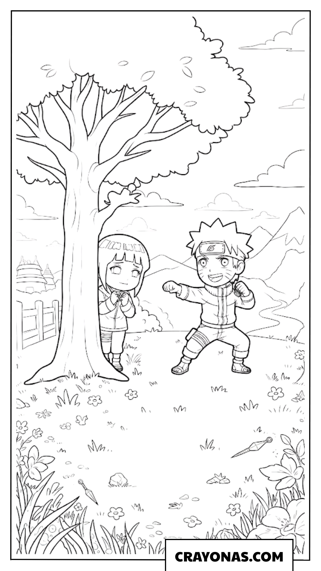 Cute Chibi Naruto and Hinata Training near a Big Tree Coloring Page