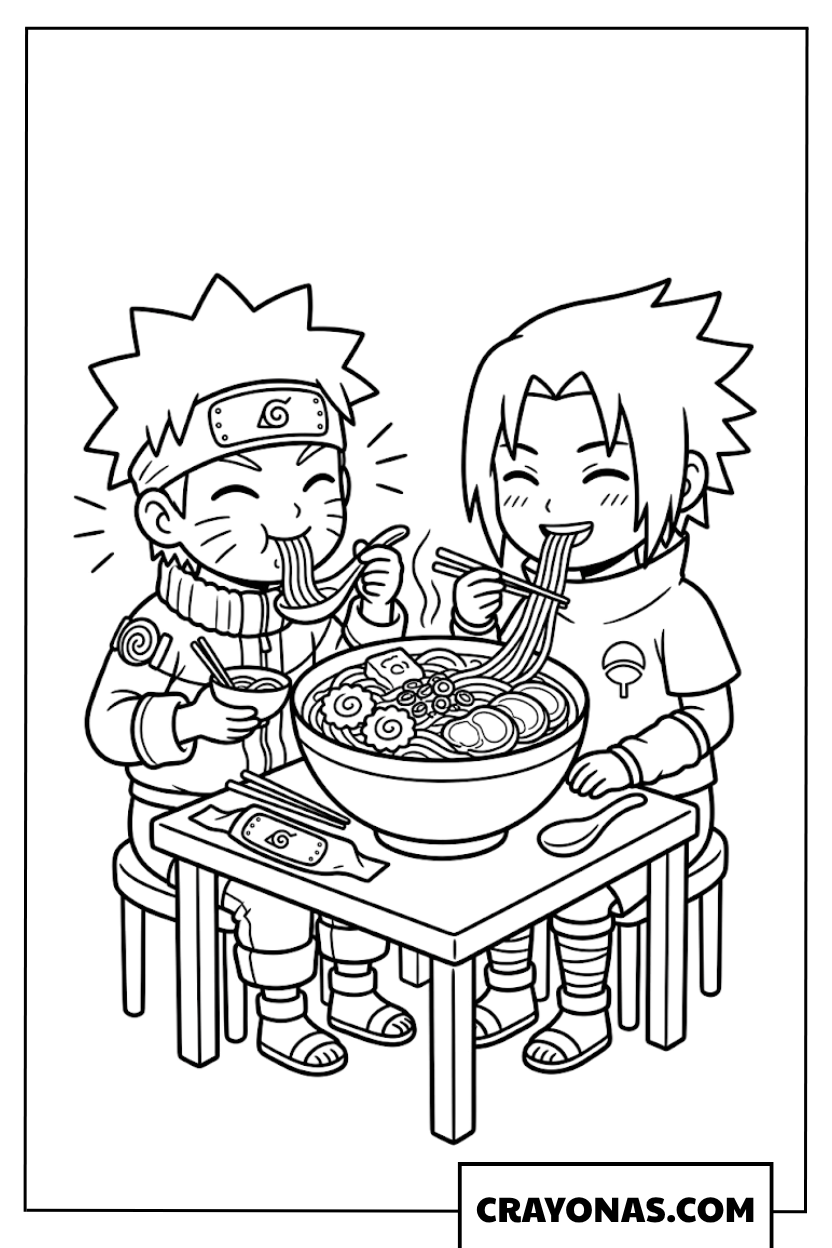 Cute Chibi Naruto and Sasuke Eating Ramen Coloring Page