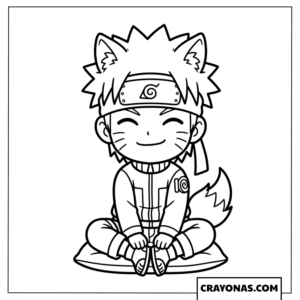 Cute Chibi Naruto with Fox Ears and Tails Coloring Page