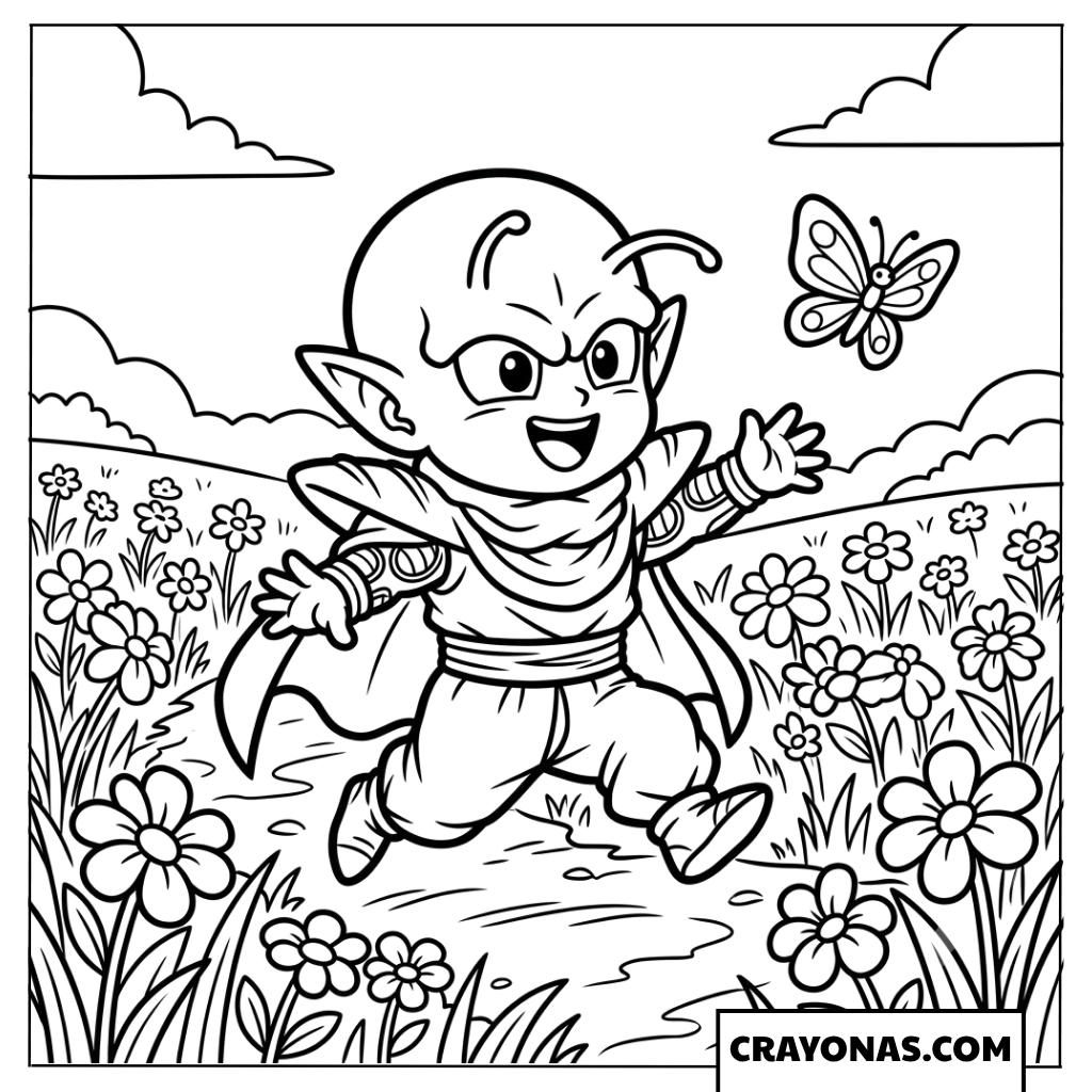 Cute Chibi Piccolo Chasing Butterfly in Flower Meadow Coloring Page