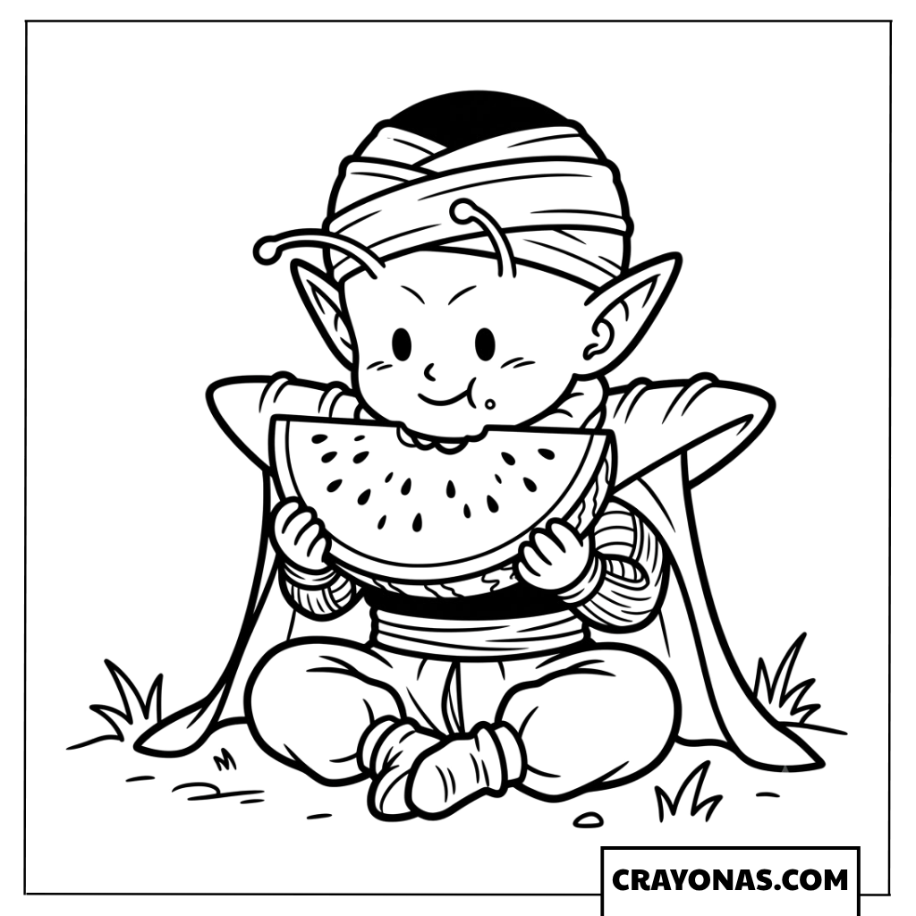 Cute Chibi Piccolo Eating Big Slice of Watermelon Coloring Page