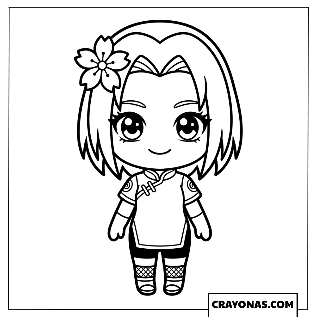 Cute Chibi Sakura Haruno with Cherry Blossom Flower Coloring Page