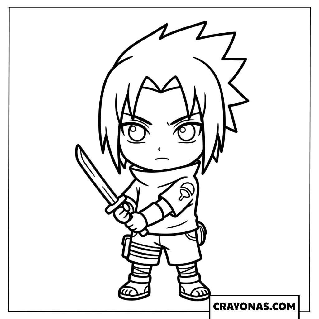 Cute Chibi Sasuke Uchiha Holding a Kunai Knife Coloring Page