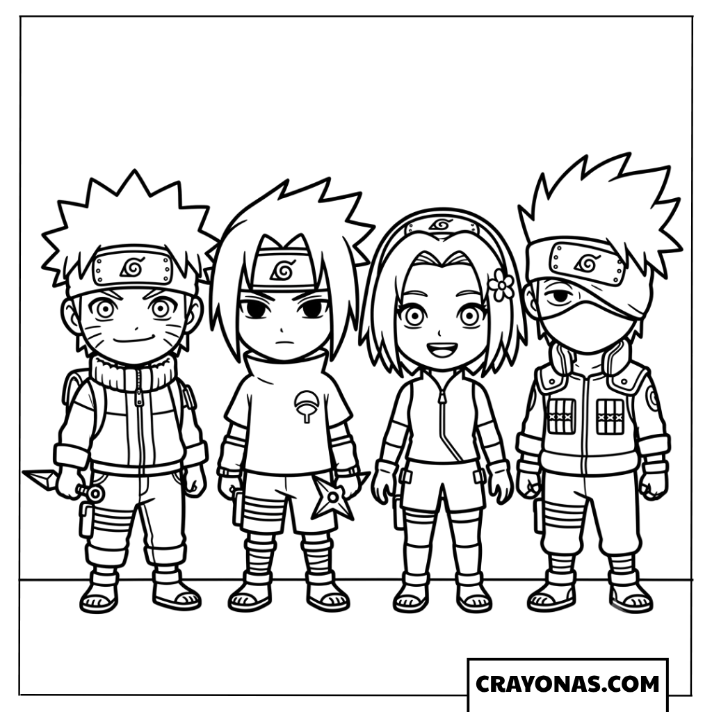 Cute Chibi Team 7 with Kakashi Hatake Lineup Coloring Page