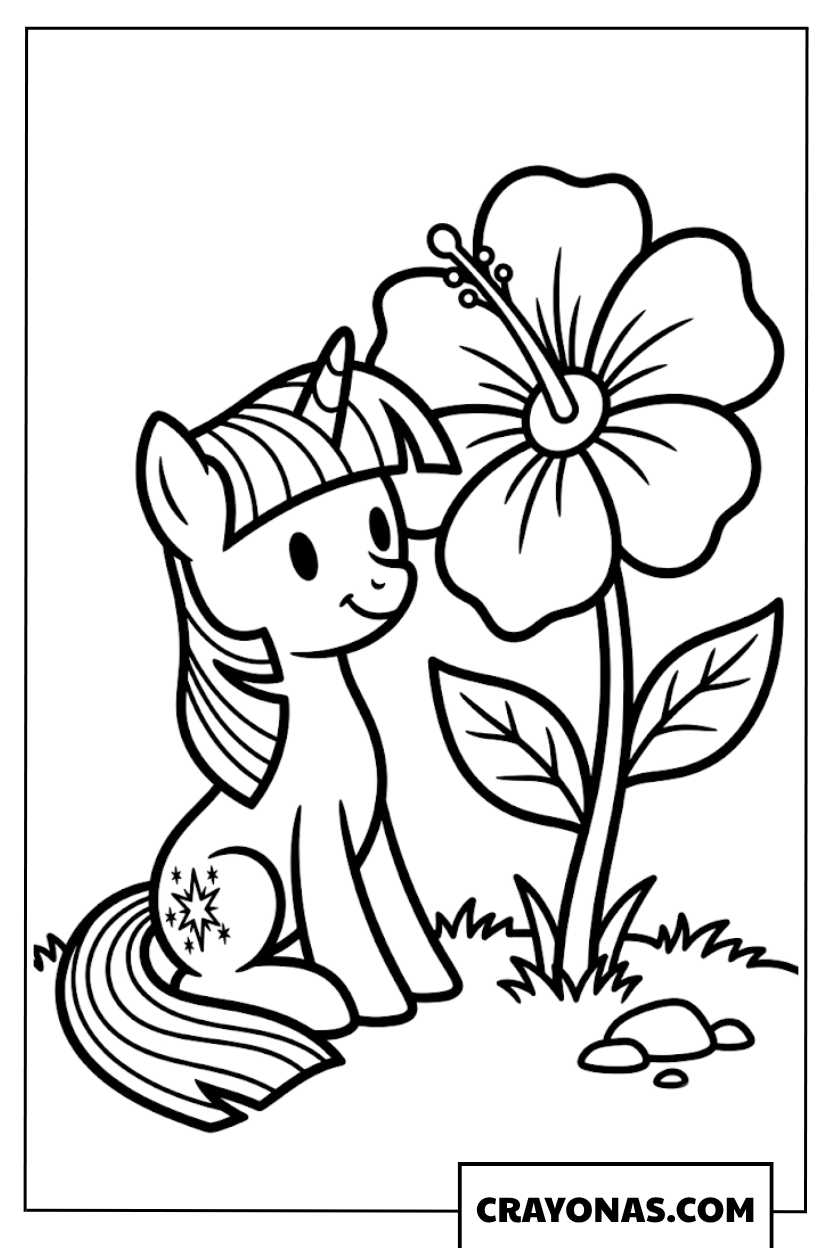 Cute Chibi Twilight Sparkle Sitting Near Big Flower Coloring Page