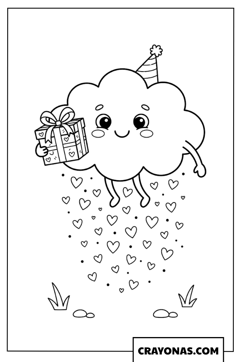 Cute Cloud Holding Gift with Hearts Coloring Page