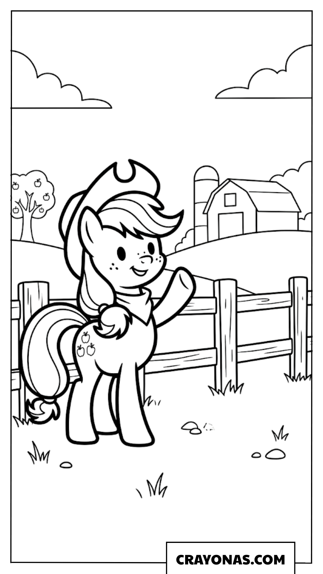 Cute Cowgirl Applejack Waving Hand Next to Barn Fence Coloring Page