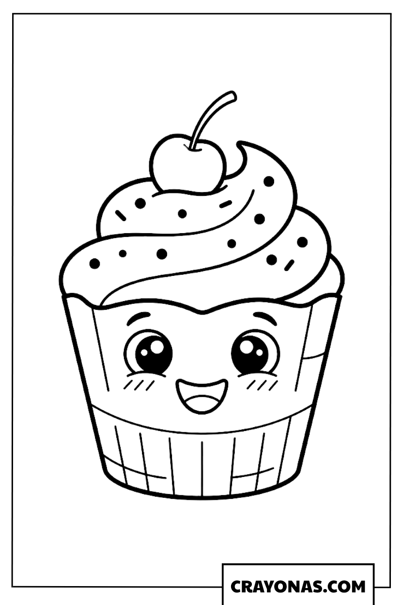 Cute Cupcake with Cherry Coloring Page