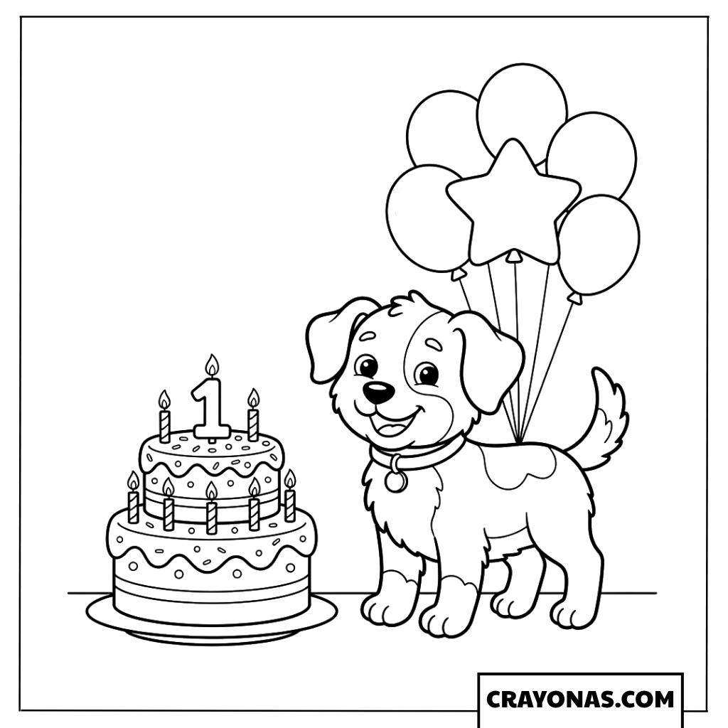 Cute Dog with Birthday Cake and Balloons Coloring Page