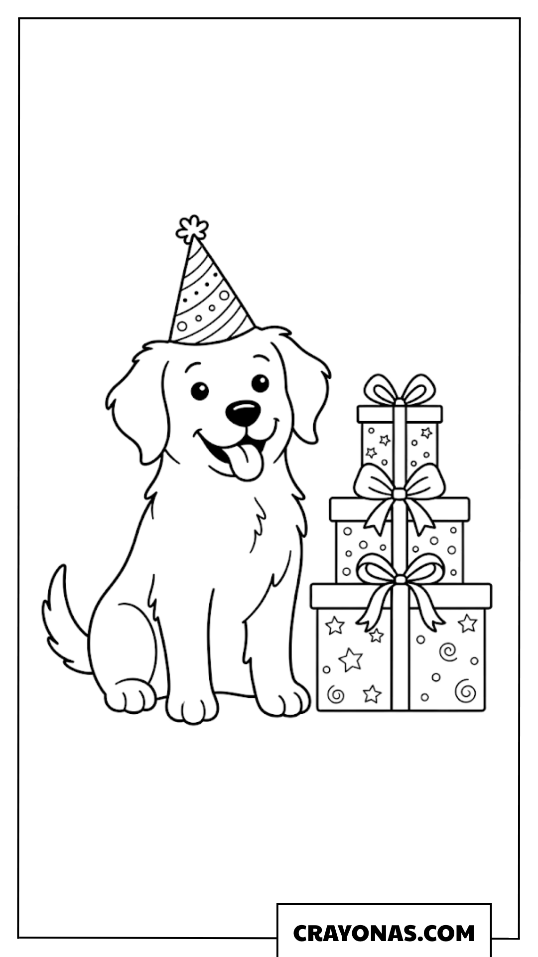 Cute Dog with Birthday Hat and Gifts Coloring Page