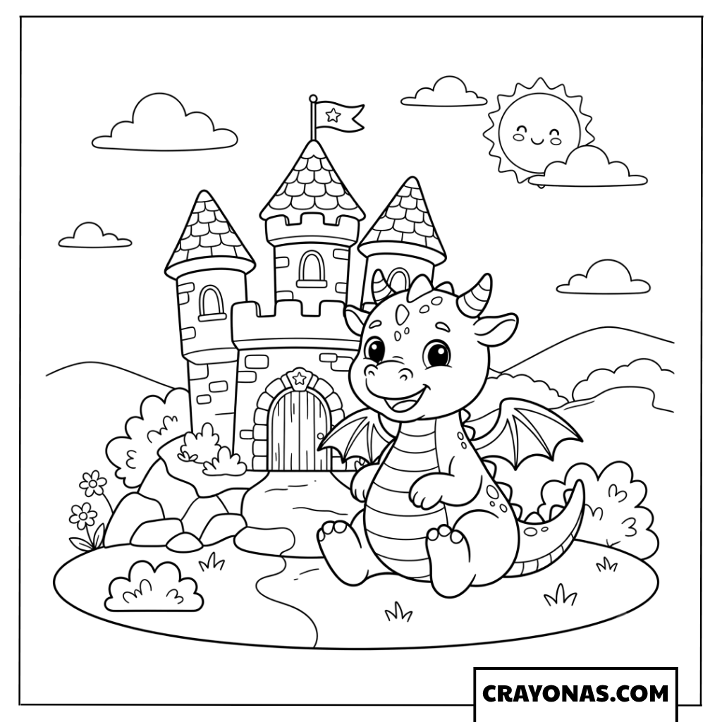 Cute Dragon at Castle Coloring Page