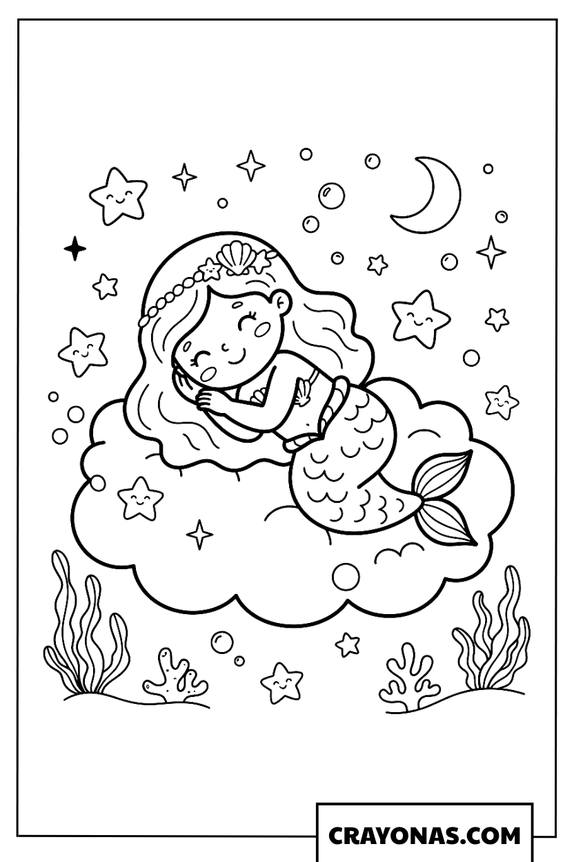 Cute Dreamy Mermaid on Cloud Coloring Page