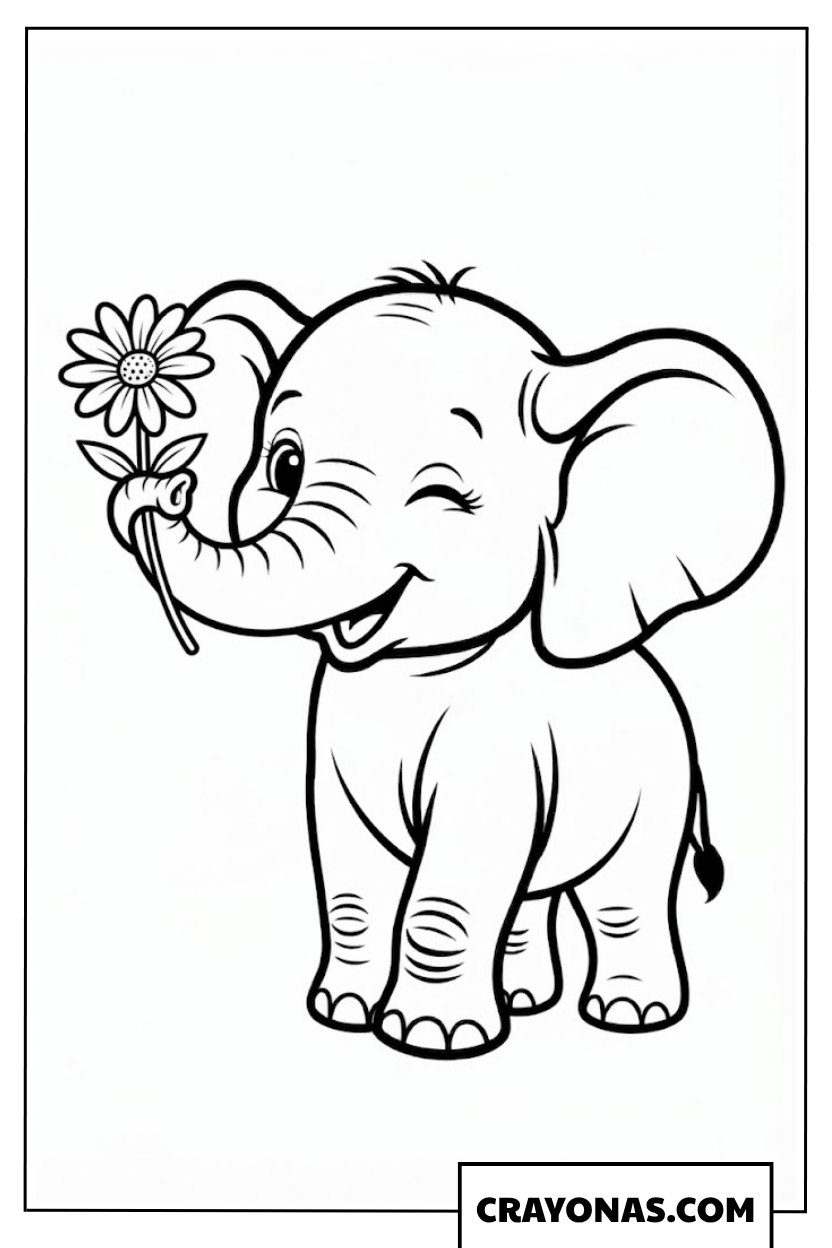 Cute Elephant Holding Flower Coloring Page