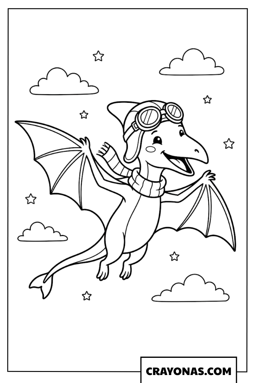 Cute Flying Pterodactyl Wearing Pilot Goggles Coloring Page
