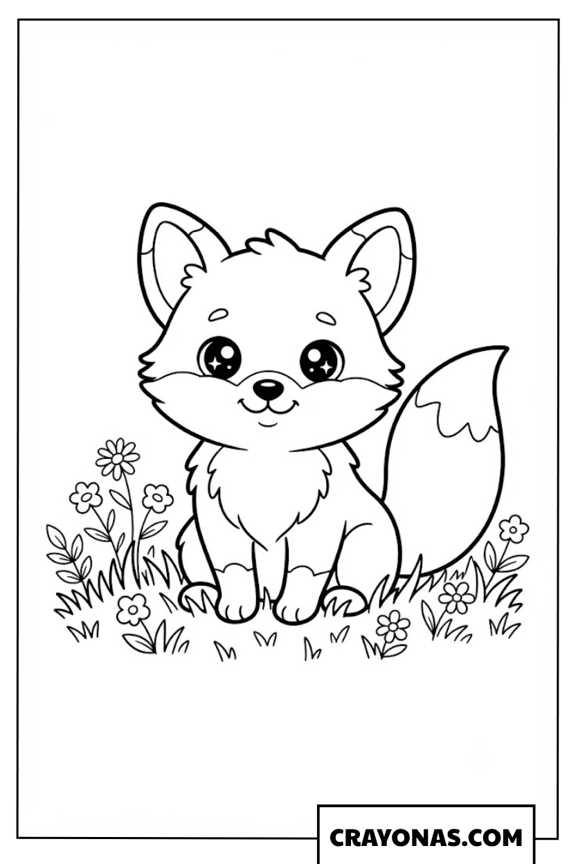 Cute Fox in Flower Field Coloring Page