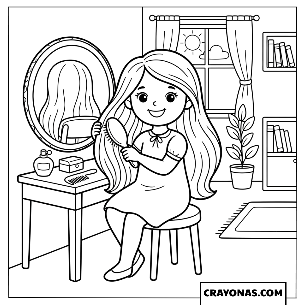 Cute Girl Brushing Her Long Hair at Vanity Coloring Page