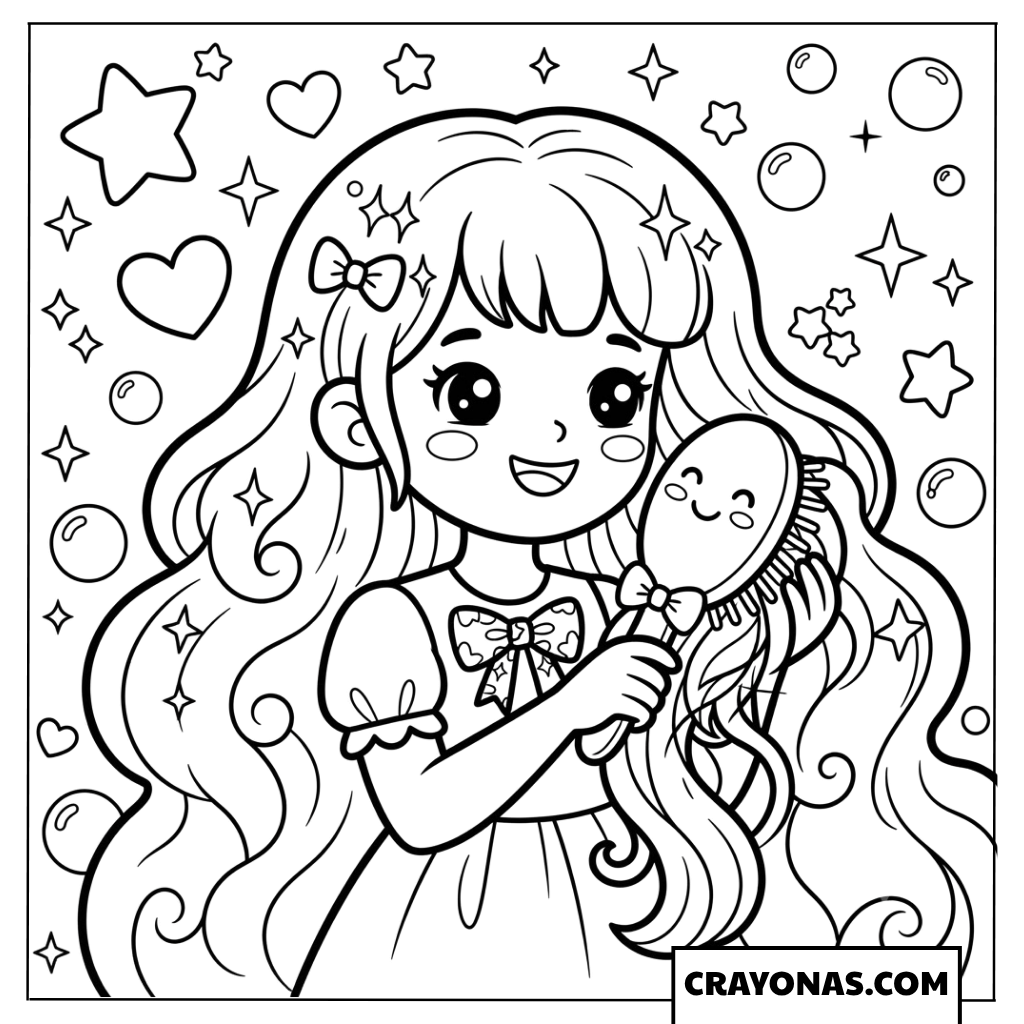 Cute Girl Brushing Long Hair with Sparkles Coloring Page