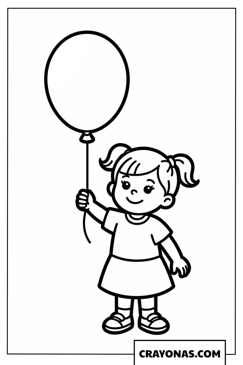 Cute Girl Holding Balloon Coloring Page