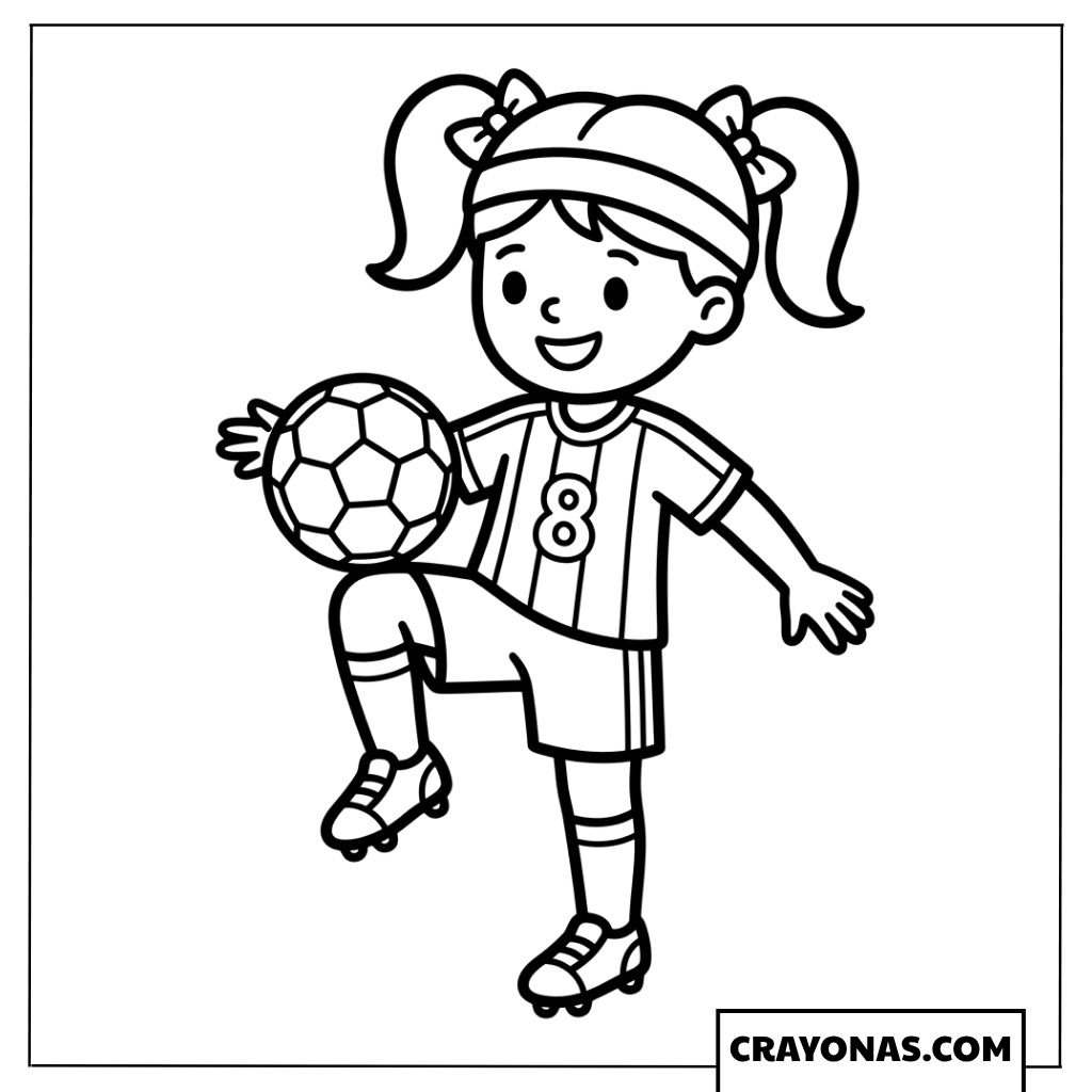 Cute Girl Soccer Player with Ball Coloring Page