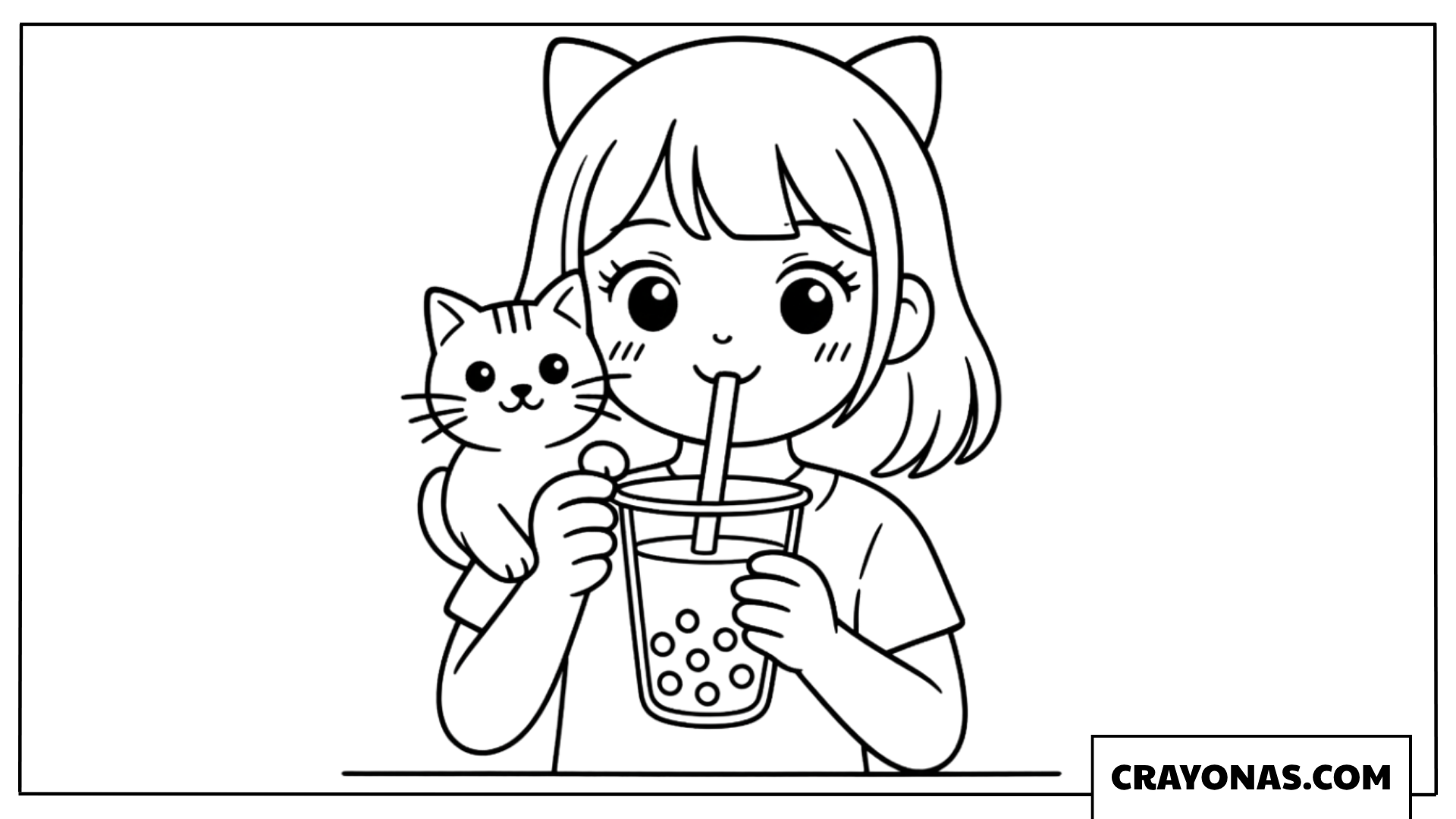 Cute Girl with Cat and Bubble Tea Coloring Page