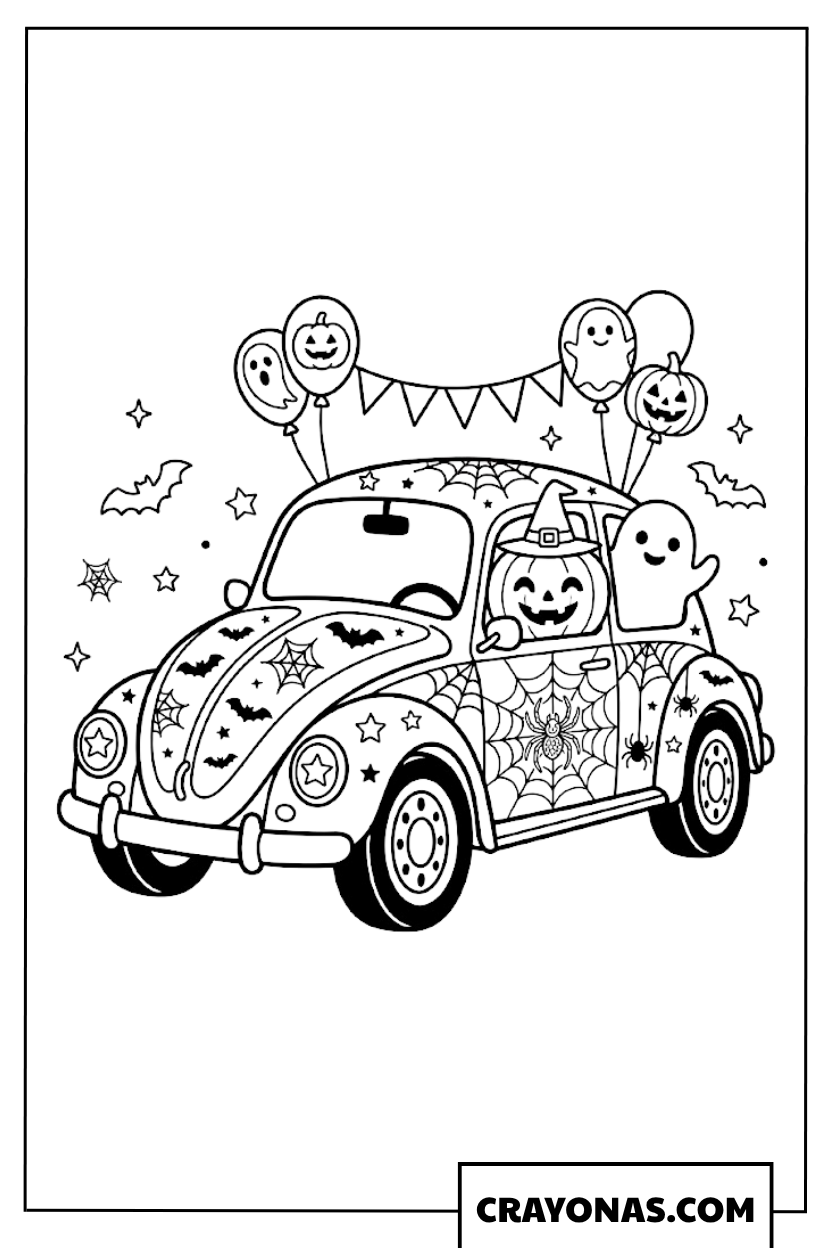 Cute Halloween Beetle Car with Pumpkins and Ghosts Coloring Page