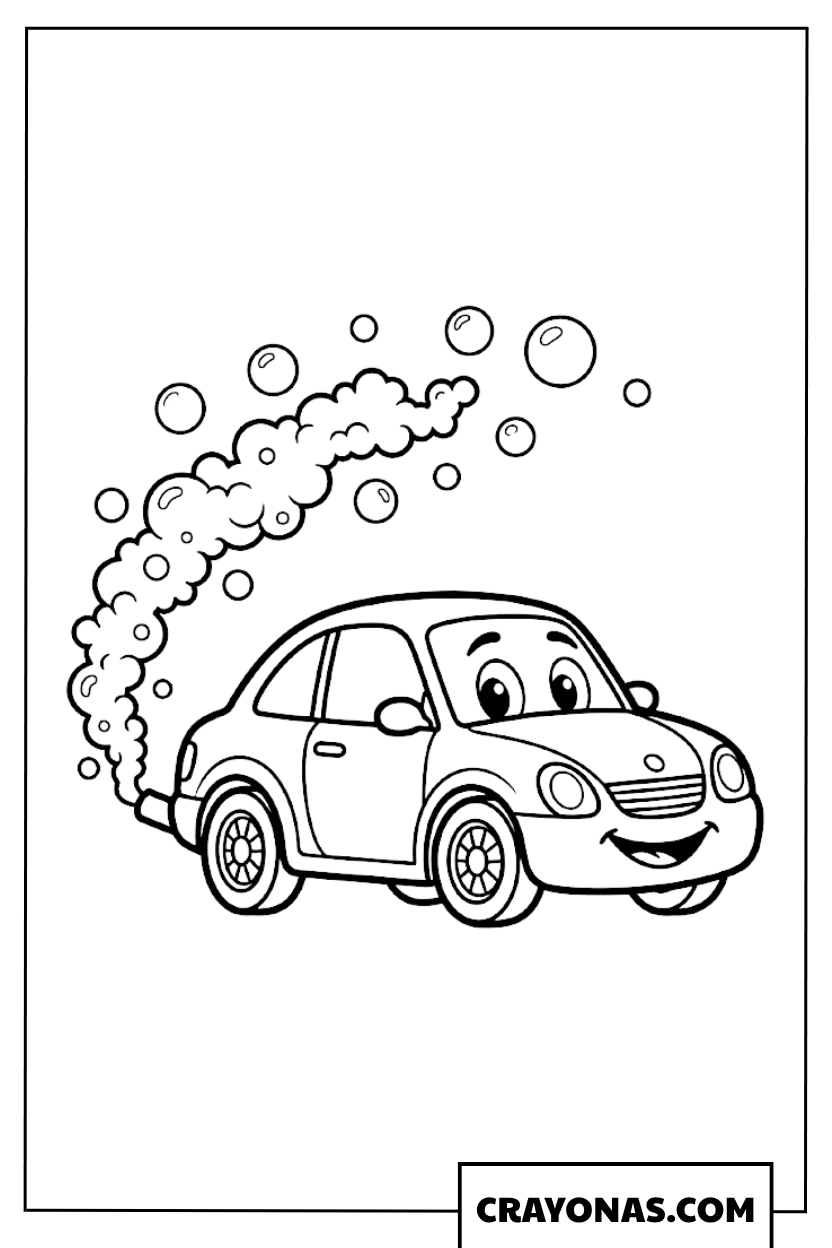 Cute Happy Car Blowing Soap Bubbles Coloring Page